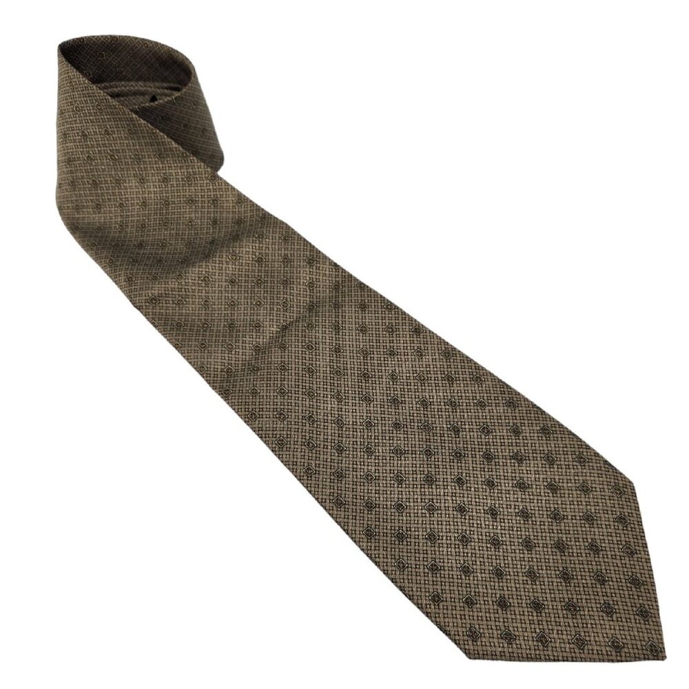 Power Man Tie Necktie Brown Gold Geometric‎ Design Polyester EUC